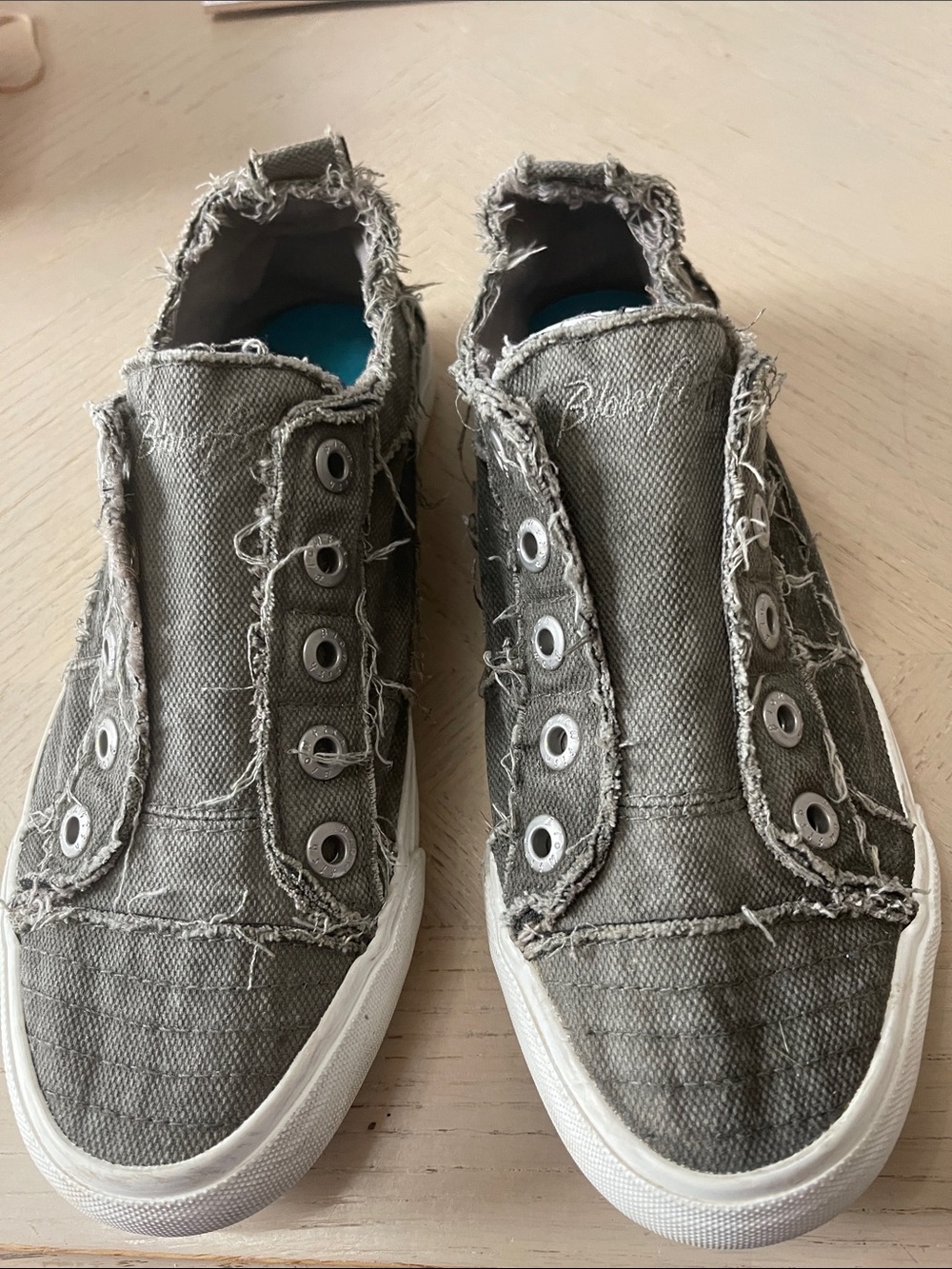 Malibu Blowfish Frayed Canvas Slip-On in Gray with Teal Insole